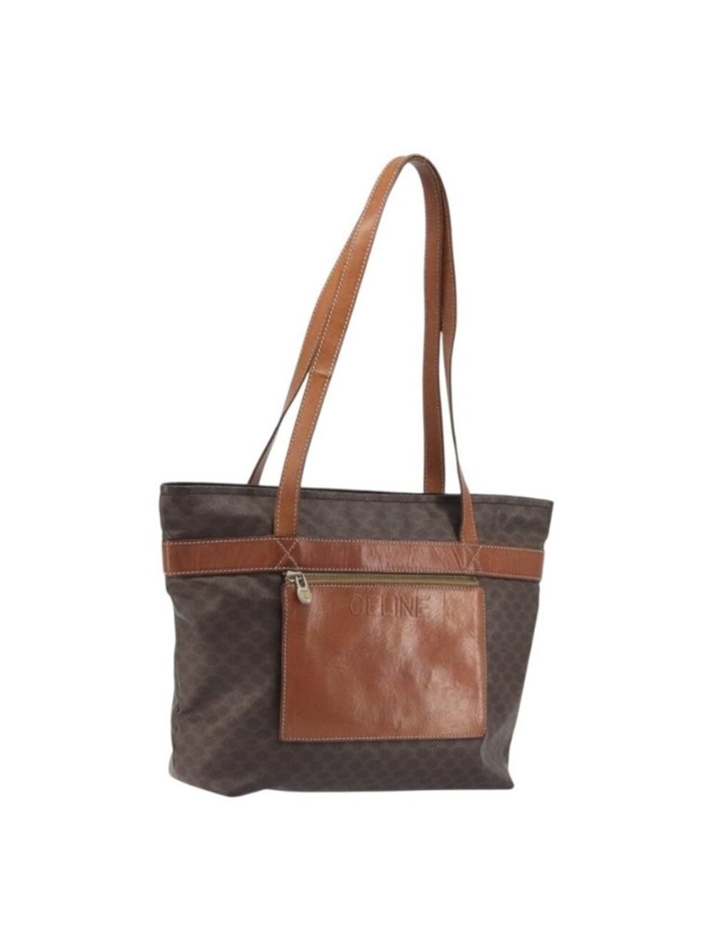 Authentic CELINE Macadam Canvas Shoulder Bag PVC Leather Brown Gold